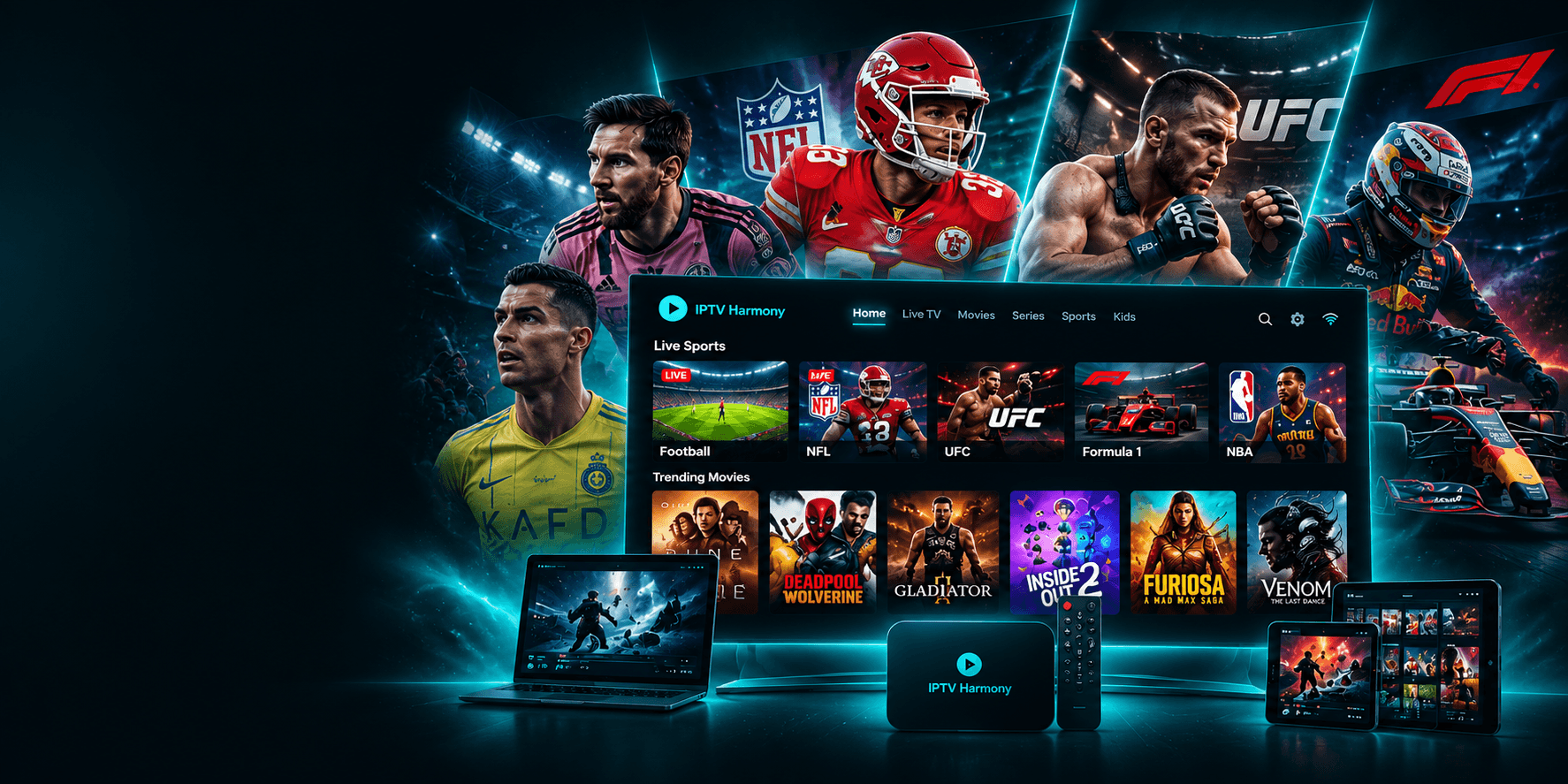 IPTV Harmony on TV, laptop, tablet and streaming box